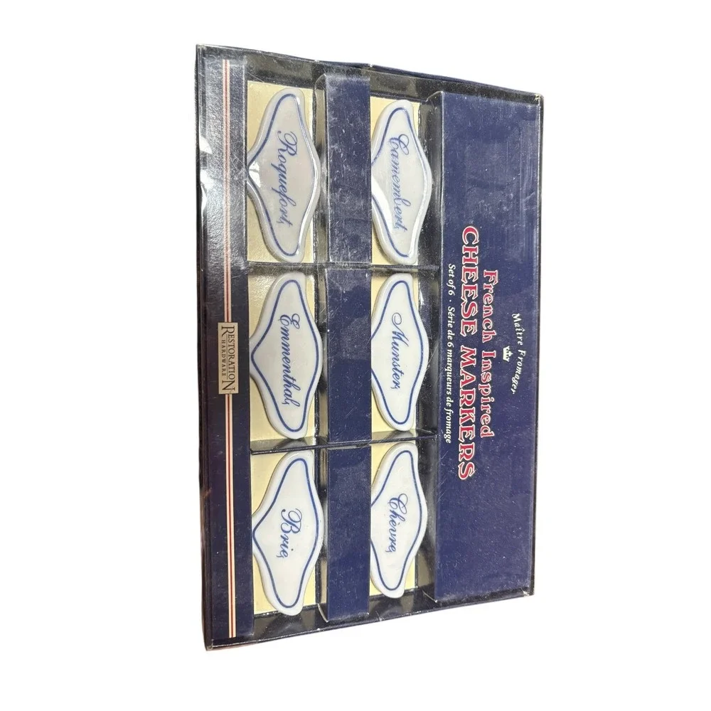 Restoration Hardware French Inspired Cheese Markers Set of 6 Ceramic White Blue